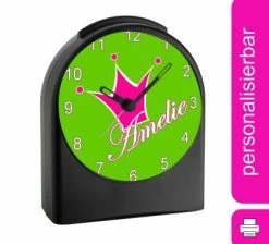 CreaDesign Kinder Funkwecker Personalisiert Mit Namen Krone Atom-/Funkuhr, 12-Stunden-Anzeigeformat, Schlummerfunktion, Nachtlicht, Geräuschlos/Ohne Ticken