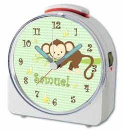 CreaDesign Kinder Funkwecker Weiß Personalisiert Mit Namen Affe Hängend Grün 12-Stunden-Anzeigeformat, Geräuschlos/Ohne Ticken, Nachtlicht -Audio Rabatte 28901422 04