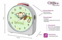 CreaDesign Kinder Funkwecker Weiß Personalisiert Mit Namen Affe Hängend Grün 12-Stunden-Anzeigeformat, Geräuschlos/Ohne Ticken, Nachtlicht -Audio Rabatte 28901422 05