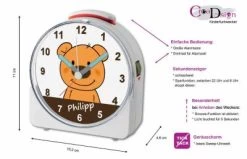 CreaDesign Kinder Funkwecker Weiß Personalisiert Mit Namen Teddy Bär 12-Stunden-Anzeigeformat, Geräuschlos/Ohne Ticken, Nachtlicht -Audio Rabatte 28901472 05