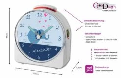 CreaDesign Kinder Funkwecker Weiß Personalisiert Mit Namen Elefant Blau 12-Stunden-Anzeigeformat, Geräuschlos/Ohne Ticken, Nachtlicht -Audio Rabatte 28901476 05