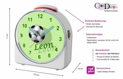 CreaDesign Kinder Funkwecker Weiß Personalisiert Mit Namen Fußball 2 12-Stunden-Anzeigeformat, Geräuschlos/Ohne Ticken, Nachtlicht 4 CreaDesign Kinder Funkwecker Weiß Personalisiert Mit Namen Fußball 2 12-Stunden-Anzeigeformat, Geräuschlos/Ohne Ticken, Nachtlicht - Image 2