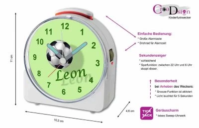 CreaDesign Kinder Funkwecker Weiß Personalisiert Mit Namen Fußball 2 12-Stunden-Anzeigeformat, Geräuschlos/Ohne Ticken, Nachtlicht 7 CreaDesign Kinder Funkwecker Weiß Personalisiert Mit Namen Fußball 2 12-Stunden-Anzeigeformat, Geräuschlos/Ohne Ticken, Nachtlicht - Image 5