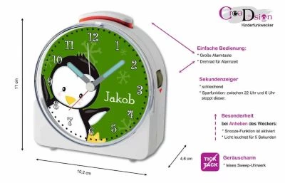 CreaDesign Kinder Funkwecker Weiß Personalisiert Mit Namen Pinguin Grün 12-Stunden-Anzeigeformat, Geräuschlos/Ohne Ticken, Nachtlicht 7 CreaDesign Kinder Funkwecker Weiß Personalisiert Mit Namen Pinguin Grün 12-Stunden-Anzeigeformat, Geräuschlos/Ohne Ticken, Nachtlicht - Image 5