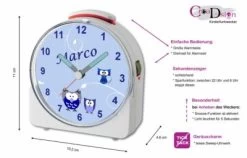CreaDesign Kinder Funkwecker Weiß Personalisiert Mit Namen Eule Blau 12-Stunden-Anzeigeformat, Geräuschlos/Ohne Ticken, Nachtlicht -Audio Rabatte 28901584 02
