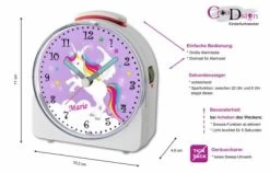 CreaDesign Kinder Funkwecker Weiß Personalisiert Mit Namen Einhorn Lila 12-Stunden-Anzeigeformat, Geräuschlos/Ohne Ticken, Nachtlicht -Audio Rabatte 28901615 02