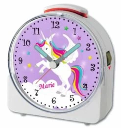 CreaDesign Kinder Funkwecker Weiß Personalisiert Mit Namen Einhorn Lila 12-Stunden-Anzeigeformat, Geräuschlos/Ohne Ticken, Nachtlicht -Audio Rabatte 28901615 04