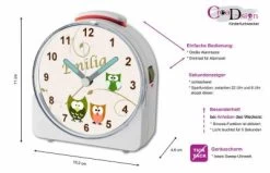 CreaDesign Kinder Funkwecker Weiß Personalisiert Mit Namen Eule Grün Beige 12-Stunden-Anzeigeformat, Geräuschlos/Ohne Ticken, Nachtlicht -Audio Rabatte 28901724 05