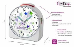 CreaDesign Kinder Funkwecker Weiß Personalisiert Mit Namen Sterne Blau Grün 12-Stunden-Anzeigeformat, Geräuschlos/Ohne Ticken, Nachtlicht -Audio Rabatte 28901734 02