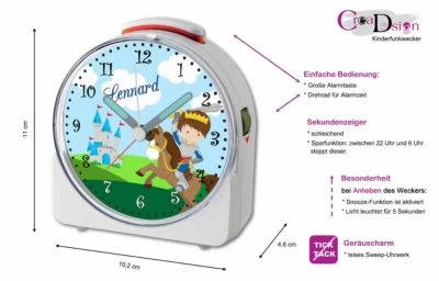CreaDesign Kinder Funkwecker Weiß Personalisiert Mit Namen Ritter 12-Stunden-Anzeigeformat, Geräuschlos/Ohne Ticken, Nachtlicht 4 CreaDesign Kinder Funkwecker Weiß Personalisiert Mit Namen Ritter 12-Stunden-Anzeigeformat, Geräuschlos/Ohne Ticken, Nachtlicht - Image 2