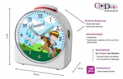 CreaDesign Kinder Funkwecker Weiß Personalisiert Mit Namen Ritter 12-Stunden-Anzeigeformat, Geräuschlos/Ohne Ticken, Nachtlicht 7 CreaDesign Kinder Funkwecker Weiß Personalisiert Mit Namen Ritter 12-Stunden-Anzeigeformat, Geräuschlos/Ohne Ticken, Nachtlicht - Image 5