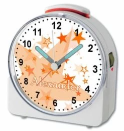 CreaDesign Kinder Funkwecker Weiß Personalisiert Mit Namen Sterne Orange 12-Stunden-Anzeigeformat, Geräuschlos/Ohne Ticken, Nachtlicht -Audio Rabatte 28901788 04