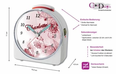 CreaDesign Kinder Funkwecker Weiß Personalisiert Mit Namen Blume Rot 12-Stunden-Anzeigeformat, Geräuschlos/Ohne Ticken, Nachtlicht 4 CreaDesign Kinder Funkwecker Weiß Personalisiert Mit Namen Blume Rot 12-Stunden-Anzeigeformat, Geräuschlos/Ohne Ticken, Nachtlicht - Image 2
