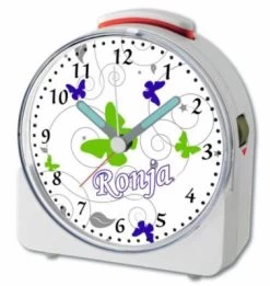 CreaDesign Kinder Funkwecker Weiß Personalisiert Mit Namen Schmetterling Blau Grün 12-Stunden-Anzeigeformat, Geräuschlos/Ohne Ticken, Nachtlicht -Audio Rabatte 28901898 04