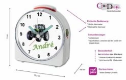 CreaDesign Kinder Funkwecker Weiß Personalisiert Mit Namen Traktor 12-Stunden-Anzeigeformat, Geräuschlos/Ohne Ticken, Nachtlicht -Audio Rabatte 28901901 02