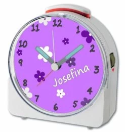 CreaDesign Kinder Funkwecker Weiß Personalisiert Mit Namen Blumen Lila 12-Stunden-Anzeigeformat, Geräuschlos/Ohne Ticken, Nachtlicht -Audio Rabatte 28901934 03