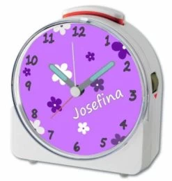 CreaDesign Kinder Funkwecker Weiß Personalisiert Mit Namen Blumen Lila 12-Stunden-Anzeigeformat, Geräuschlos/Ohne Ticken, Nachtlicht -Audio Rabatte 28901934 04