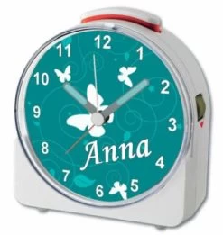 CreaDesign Kinder Funkwecker Weiß Personalisiert Mit Namen Schmetterling Petrol 12-Stunden-Anzeigeformat, Geräuschlos/Ohne Ticken, Nachtlicht -Audio Rabatte 28901948 04