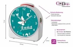 CreaDesign Kinder Funkwecker Weiß Personalisiert Mit Namen Schmetterling Petrol 12-Stunden-Anzeigeformat, Geräuschlos/Ohne Ticken, Nachtlicht -Audio Rabatte 28901948 05