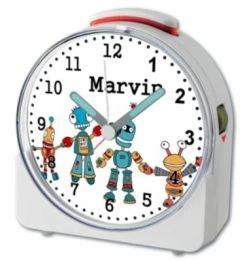 CreaDesign Kinder Funkwecker Weiß Personalisiert Mit Namen Roboter 12-Stunden-Anzeigeformat, Geräuschlos/Ohne Ticken, Nachtlicht -Audio Rabatte 28902032 03