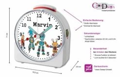 CreaDesign Kinder Funkwecker Weiß Personalisiert Mit Namen Roboter 12-Stunden-Anzeigeformat, Geräuschlos/Ohne Ticken, Nachtlicht -Audio Rabatte 28902032 05