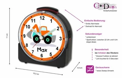 CreaDesign Kinder Funkwecker Weiß Personalisiert Mit Namen Bagger 4 CreaDesign Kinder Funkwecker Weiß Personalisiert Mit Namen Bagger - Image 2