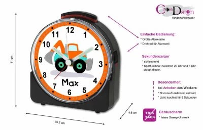 CreaDesign Kinder Funkwecker Weiß Personalisiert Mit Namen Bagger 7 CreaDesign Kinder Funkwecker Weiß Personalisiert Mit Namen Bagger - Image 5